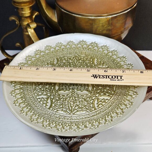 Vtg Turkish Glass White Cake Stand Pedestal Dessert Serving Platter Gold Lace - Picture 5 of 12